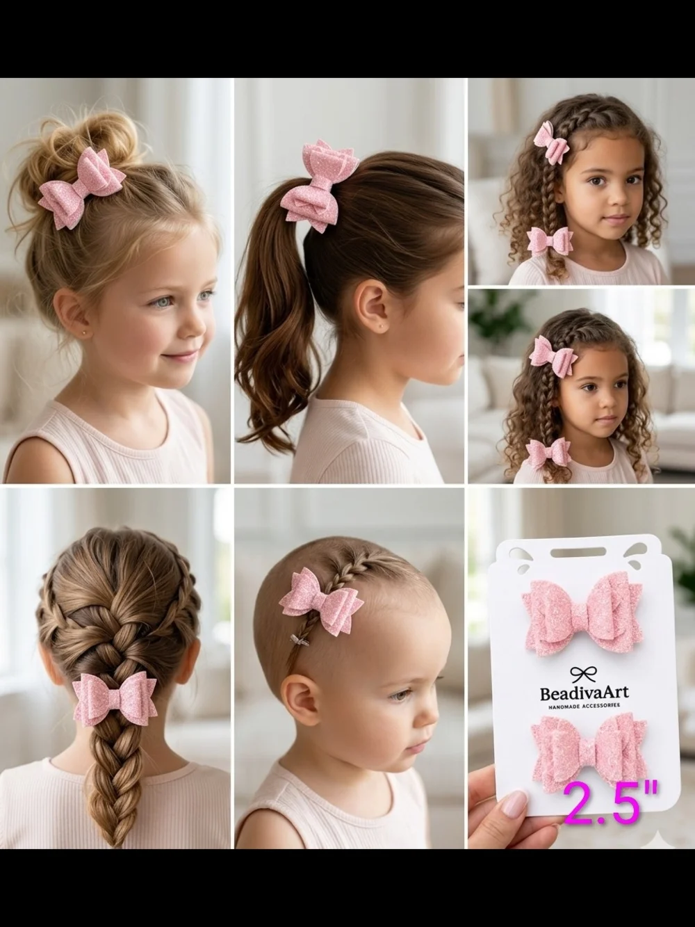 Handmade 3 Pairs Pastel Glitter Bows On Alligator Clips-Cute Hair Accessory Set